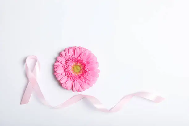 pink ribbon, gerbera and stethoscope on a colored background top view. Symbol of female cancer. Cancer Awareness in Women