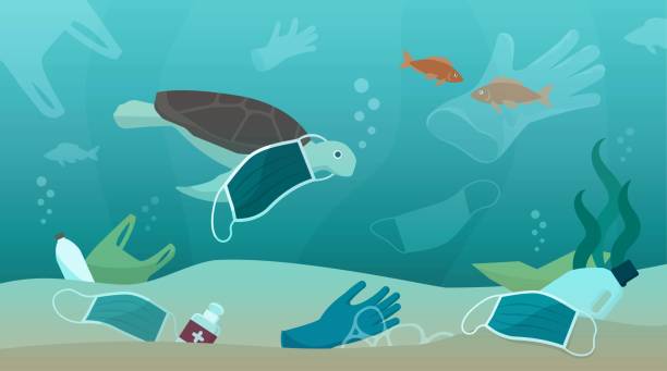 ilustraciones, imágenes clip art, dibujos animados e iconos de stock de residuos de coronavirus covid-19 y contaminación en los océanos - pollution sea toxic waste garbage
