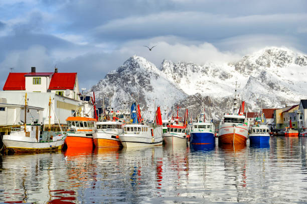 barcos de pesca en henningsvaer en invierno en el lofoten en noruega - lofoten henningsvaer norway village fotografías e imágenes de stock