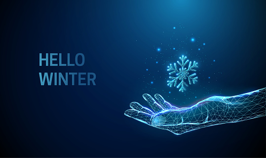 Abstract giving hand with falling snowflake. Low poly style design. Hello winter concept. Modern 3d graphic geometric background. Wireframe light connection structure. Isolated vector illustration.