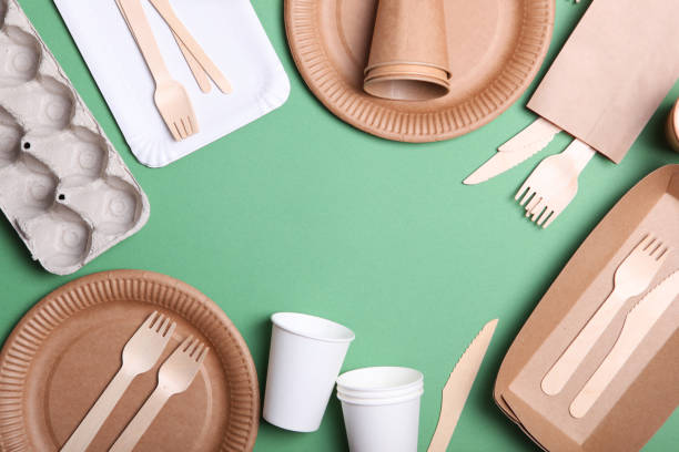 istock eco friendly dishes on a colored background top view. Eco-friendly disposable tableware. The concept of saving the planet, the rejection of plastic 1277500766
