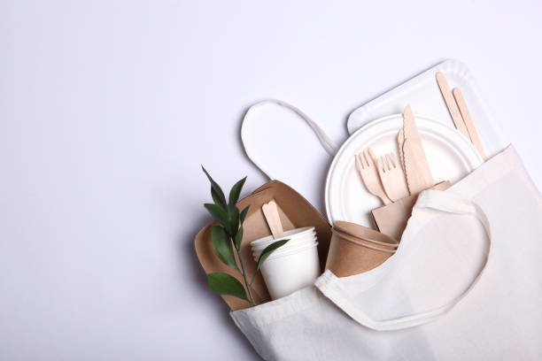 istock eco friendly dishes on a colored background top view. Eco-friendly disposable tableware. The concept of saving the planet, the rejection of plastic 1277500836