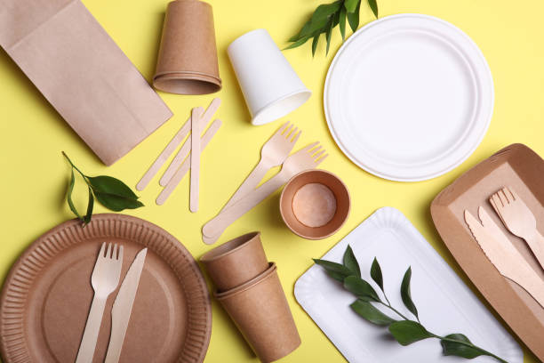istock eco friendly dishes on a colored background top view. Eco-friendly disposable tableware. The concept of saving the planet, the rejection of plastic 1277500930