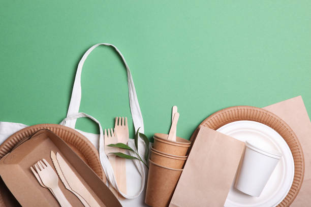 istock eco friendly dishes on a colored background top view. Eco-friendly disposable tableware. The concept of saving the planet, the rejection of plastic 1277500997