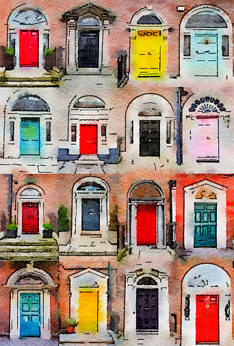 Watercolor illustration of 16 colourful front doors to houses and homes. Colorful collection of doors in Dublin, Ireland.
