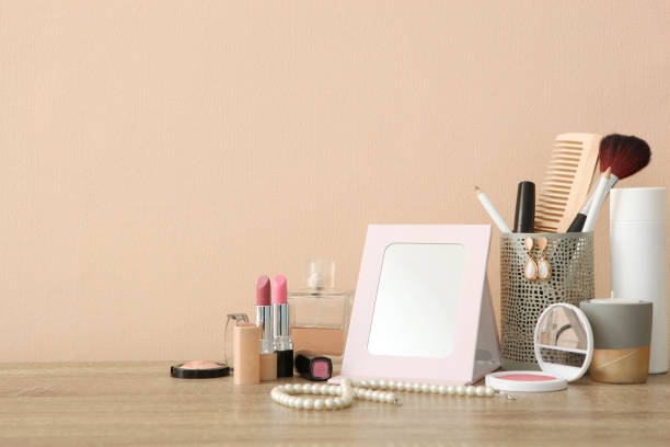 istock decorative cosmetics for makeup on a dressing table close-up. Place to insert text. 1277504046