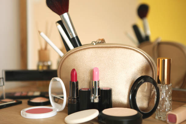 istock decorative cosmetics for makeup on a dressing table close-up. Place to insert text. 1277504086