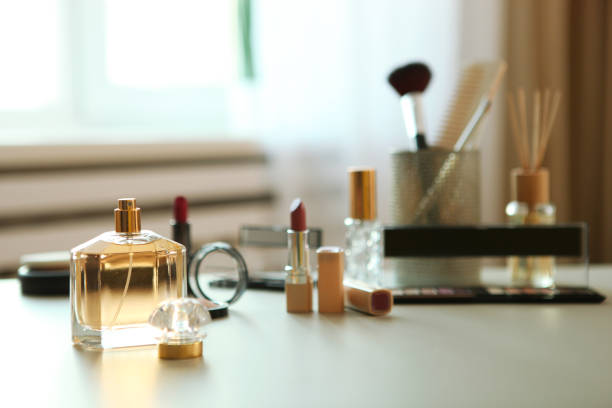 decorative cosmetics for makeup on a dressing table close-up. Place to insert text.