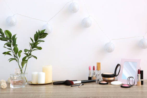 istock decorative cosmetics for makeup on a dressing table close-up. Place to insert text. 1277504221