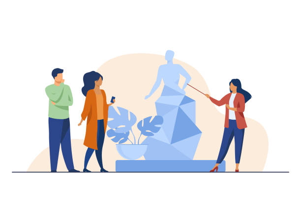Guide telling about sculpture to tourists Guide telling about sculpture to tourists. Museum, travel, leisure flat vector illustration. Art and entertainment concept for banner, website design or landing web page art museum illustrations stock illustrations