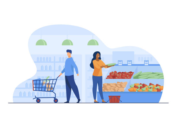 People choosing products in grocery store People choosing products in grocery store. Trolley, vegetables, basket flat vector illustration. Shopping and supermarket concept for banner, website design or landing web page supermarket stock illustrations