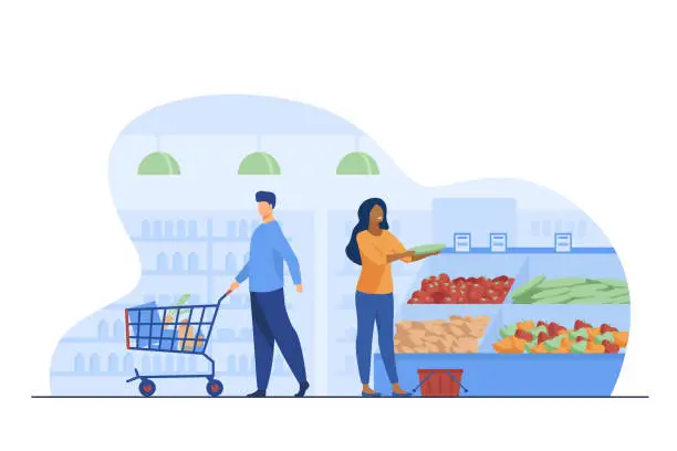 Vector illustration of People choosing products in grocery store