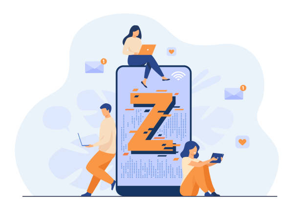 Virtual tiny people messaging in social media Virtual tiny people messaging in social media flat vector illustration. Characters near huge smartphone. Modern demography trend with progressive youth gen. Z generation and digital technology concept letter z stock illustrations