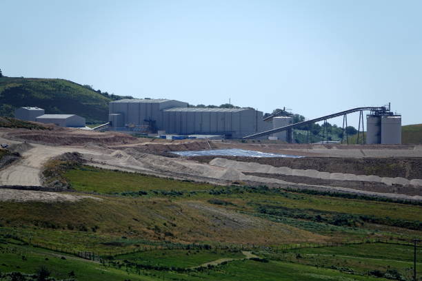 Hemerdon Dartmoor England. July 2020. Hemerdon Mine. One of the largest Tungsten reserves in western world. View of concrete containers, ramp with industrial buildings alongside, rough ground to front