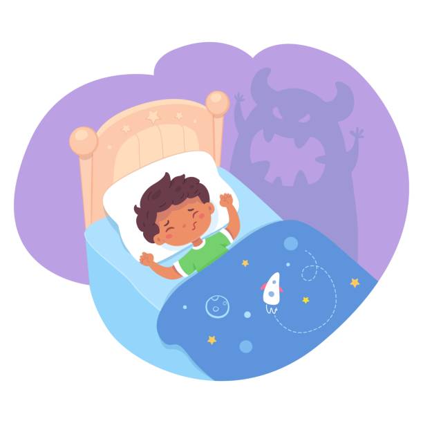 ilustrações de stock, clip art, desenhos animados e ícones de scared kid dreaming of scary monster sleeping in bed. childhood fears vector illustration. small freightened boy having bad nightmare in bedroom at night. dark shadow of monster - bed child fear furniture