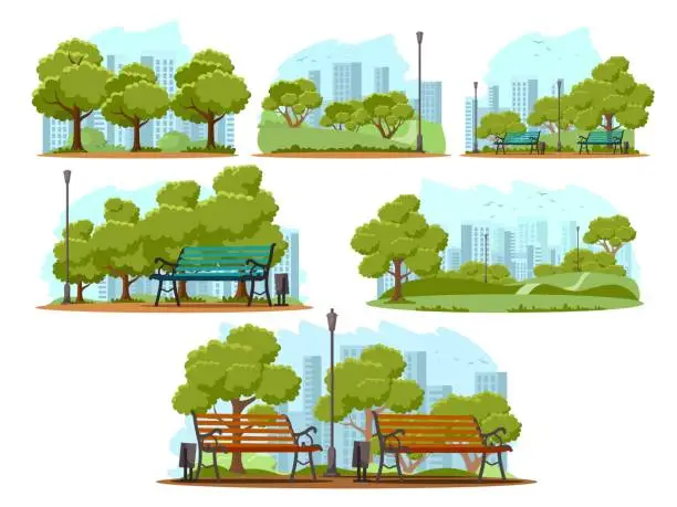 Vector illustration of Public city park background illustration set. Street with green trees, bushes, lawn and grass. Urban summer outdoor vector. Views with wooden benches , lamps and trash bins