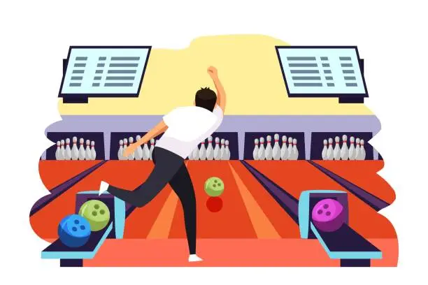 Vector illustration of Man throwing ball playing bowling. Guy throws ball on lane into tenpins and skittles. Recreation and hobby vector illustration. Night entertainment, fun leisure activity