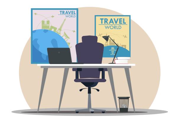 Travel agency office background. Interior design of world travel workspace vector illustration. Desk with laptop, books and lamp, chair, posters and banners on wall. Tourist vacation Travel agency office background. Interior design of world travel workspace vector illustration. Desk with laptop, books and lamp, chair, posters and banners on wall. Tourist vacation. travel agencies stock illustrations
