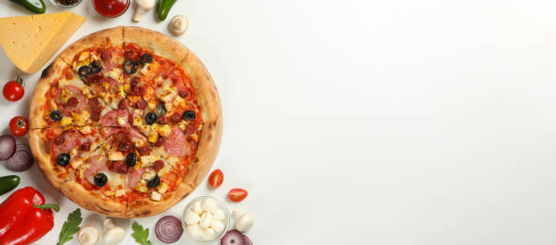 istock Tasty pizza with meat and ingredients on white background 1277515249