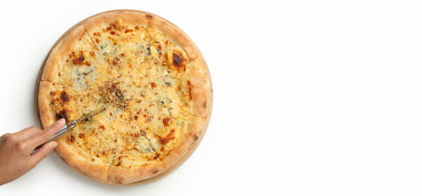 istock Female hand cut cheese pizza on white background 1277515327