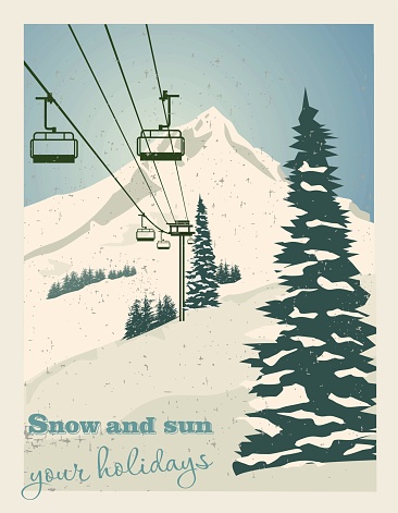Winter landscape with ropeway station and ski cable cars. Snowy country scene vector illustration. Ski resort concept. For websites, wallpapers, posters or banners