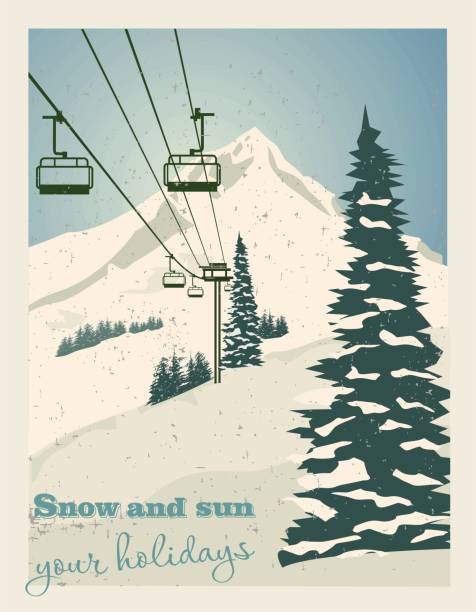Winter landscape with ropeway station and ski cable cars. Snowy country scene vector illustration. Ski resort concept. For websites, wallpapers, posters or banners. Winter landscape with ropeway station and ski cable cars. Snowy country scene vector illustration. Ski resort concept. For websites, wallpapers, posters or banners overhead cable car stock illustrations