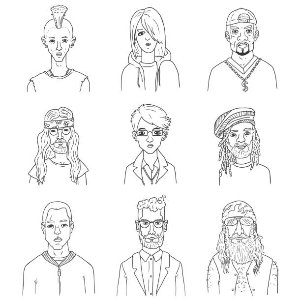 Vector Set of Outline Characters. Different Subculture Portraits. Vector Set of Outline Characters Faces. Different Subculture Portraits. emo hair guys stock illustrations