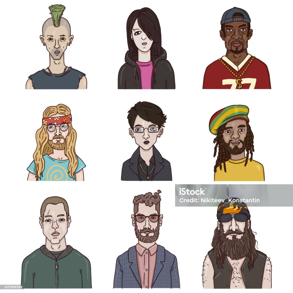 Vector Set Of Cartoon Characters Different Subculture Portraits Stock  Illustration - Download Image Now - iStock