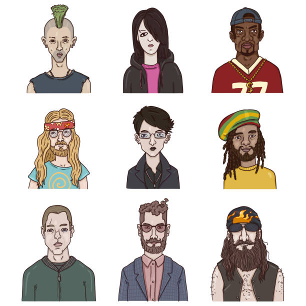 Vector Set of Cartoon Characters. Different Subculture Portraits. Vector Set of Cartoon Characters Faces. Different Subculture Portraits. emo hair guys stock illustrations