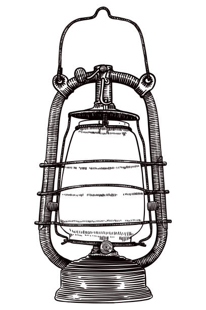 Vector illustration of vintage kerosene lamp. Engraving style.