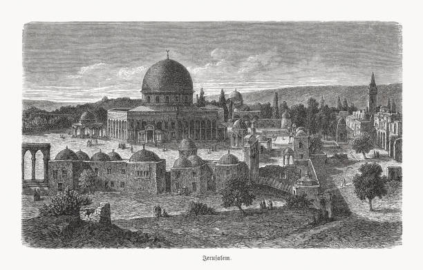 예루살렘, 팔레스타인 (이스라엘) 나무 조각의 역사적 전망, 출판 1893 - travel east jerusalem israel stock illustrations