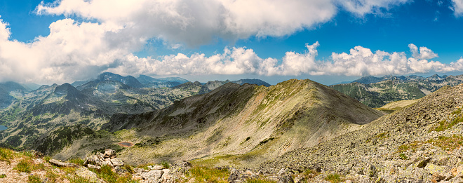 View at Pirin mountain from Polezhan peak. Bulgaria, Europe. Panorama.