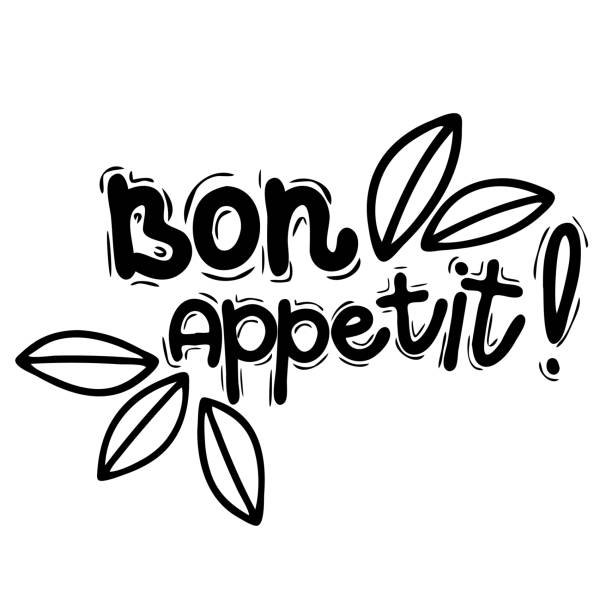 illustrazioni stock, clip art, cartoni animati e icone di tendenza di le scritte nere su sfondo bianco sono isolate. lettering bon appetitoso con le foglie per gli striscioni, o cartoline. illustrazione vettoriale in uno stile semplice.. - bon appetite