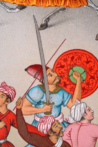 mogul indische krieger mit schwert und schild, 19. jahrhundert - mogal stock-grafiken, -clipart, -cartoons und -symbole