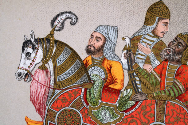 Mughal Indian warriors with horse, 19th Century Vintage illustration Mughal Indian warriors with horse, 19th Century mughal empire stock illustrations