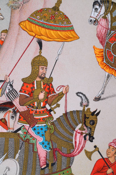 istock Mughal Indian warrior riding armoured horse armed with spear 1277521132