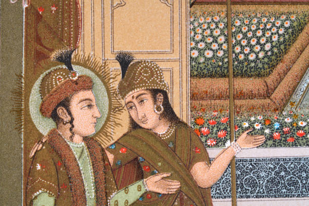 Mughal Indian princes admiring a flower garden, 19th Century Vintage illustration Mughal Indian princes admiring a flower garden, 19th Century mughal empire stock illustrations