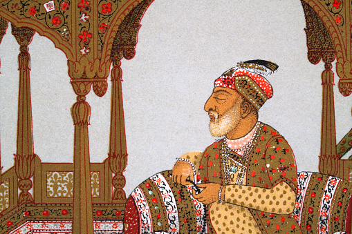 Vintage illustration Mughal noble with prayer beads, 19th Century