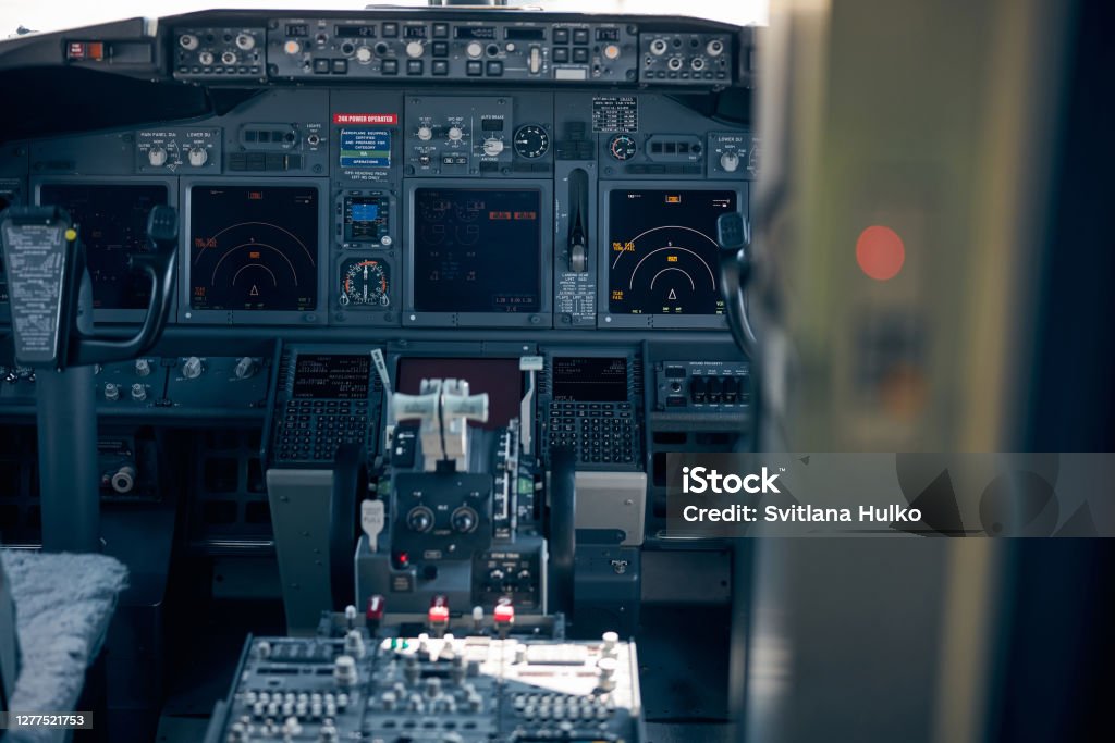 Control System Cockpit Board Airplane Cockpit With Control Panel And Flight Displays Stock Photo ...