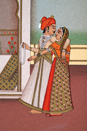 Vintage illustration Indian couple, Traditional costume, Mughal India, 19th Century