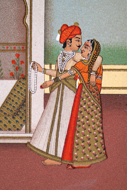 Indian couple, Traditional costume, Mughal India, 19th Century Vintage illustration Indian couple, Traditional costume, Mughal India, 19th Century mughal empire stock illustrations