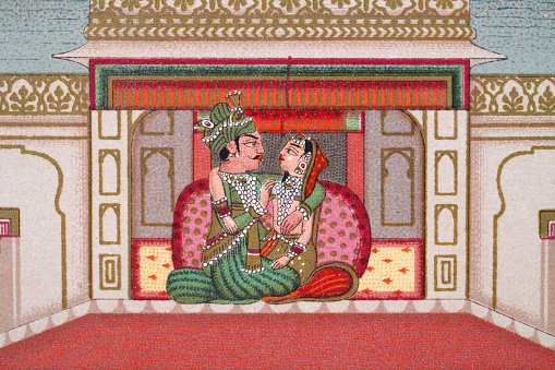 Vintage illustration Indian couple in the Palace of Delights, Mughal India, 19th Century