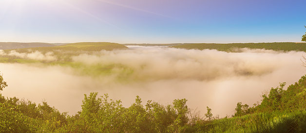 Dnister river landscape in Ternopil region of western Ukraine. Idillyc view from above in the morning. Panorama