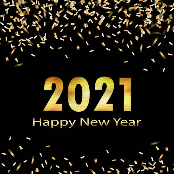 istock 2021 Happy new year. Poster, card, banner, background design. Vector design. Symbol, sign. Merry christmas card. Festive christmas background. Christmas and new year celebration, decoration, shimmering, shiny confetti on a black background. 1277525705