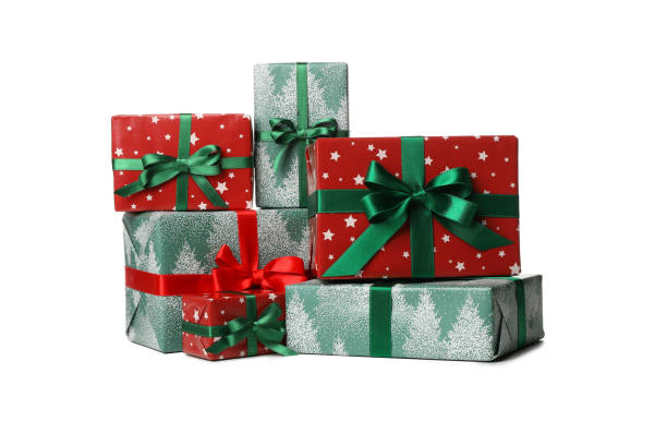 istock Beautiful Christmas boxes with bow isolated on white background 1277527291