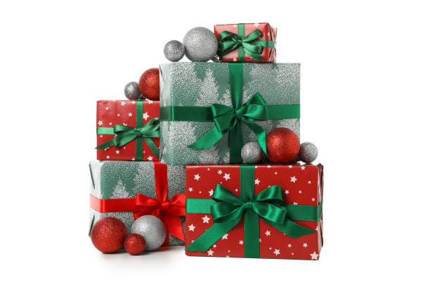 istock Gift boxes and baubles isolated on white background 1277527979