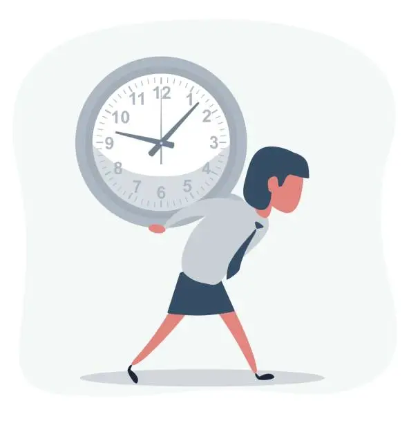 Vector illustration of Concept of missing deadline, bad time management. Scene of tired, nervous, stressed female at work. Sad businesswoman carrying a big clock. Big fail
