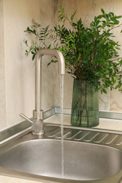 istock Kitchen sink with faucet and vase with plant 1277530136