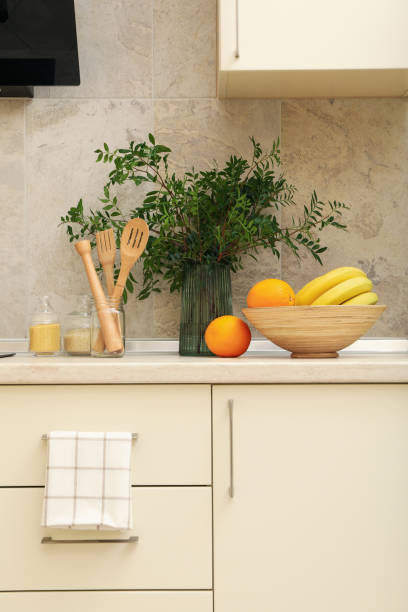 istock Modern kitchen interior with different supplies in light colors 1277530539
