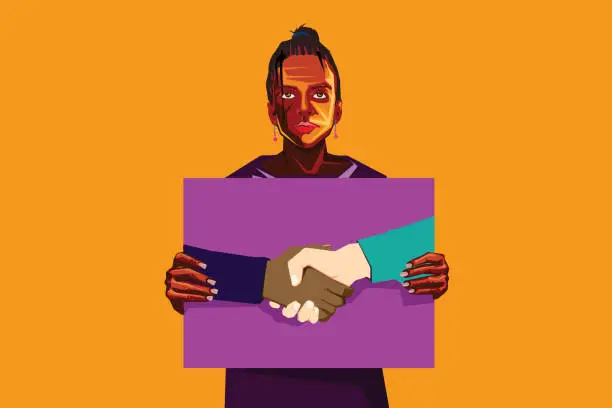 Vector illustration of African American woman holding a poster on fight against racism